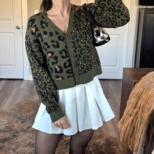 Vans Mix Match Relax Cardigan Leopard Floral Crop Sweater Oversized Preppy Green